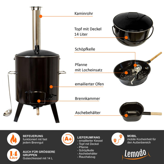 NATIVE Goulash cannon | Goulash kettle with 14 L | One-pot stove for cooking without electricity and gas | Rocket stove for crisis preparedness | Wood stove with extensive cooking accessories