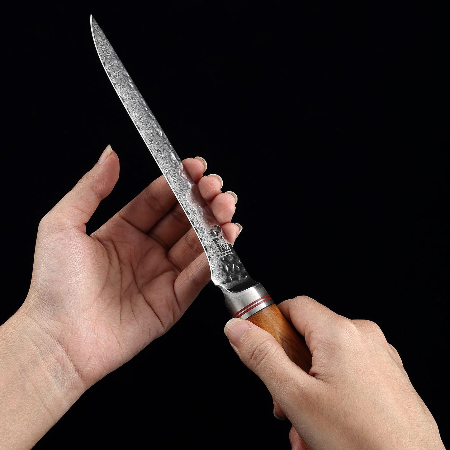 Zayiko Minami Olive Damascus Fillet Knife 6.5" Blade | 67-layer Damascus steel with hammered finish | Professional kitchen knife with flexible olive wood handle for precise filleting.