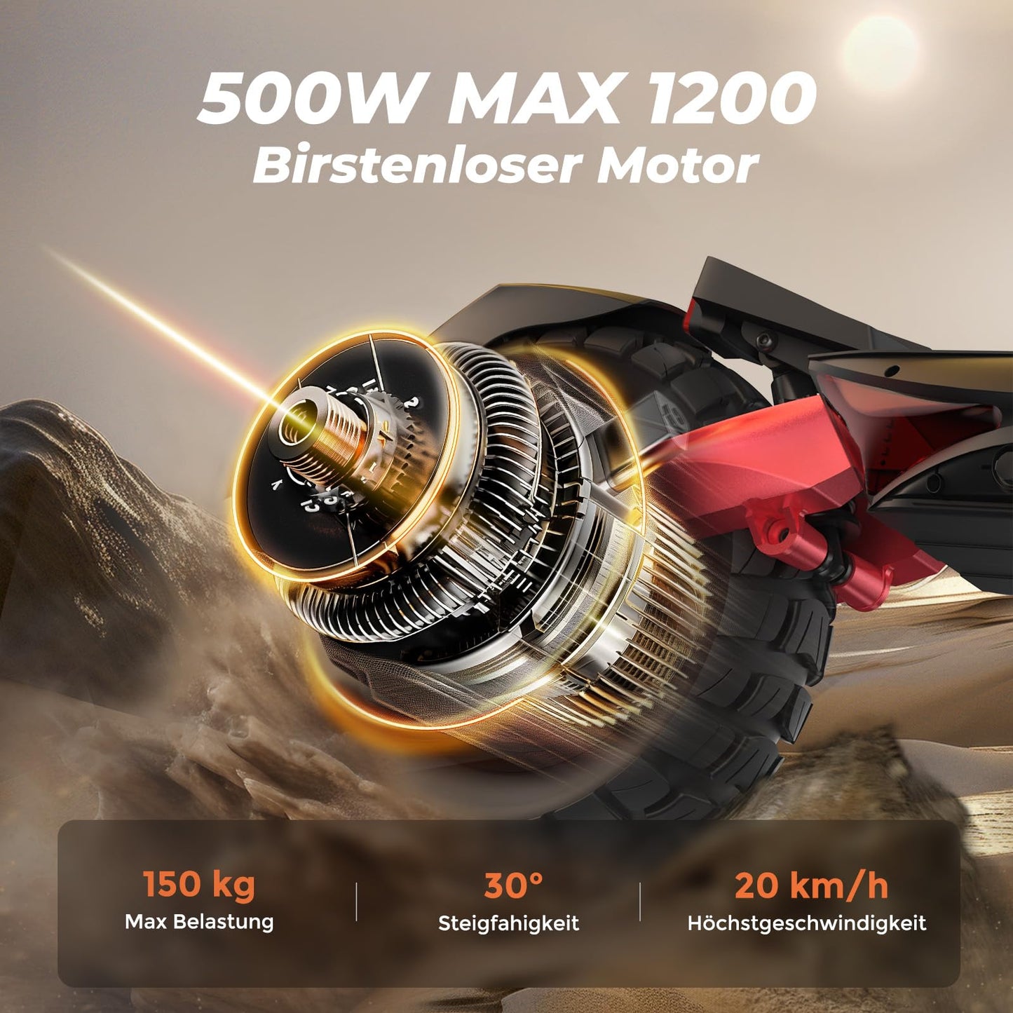 Street-legal e-scooter with 80-100 km range, 48V 15Ah battery, 10-inch off-road pneumatic tires, ABE electric scooter with dual suspension, foldable design, off-road capable for up to 150 KG, LED lights, app connectivity.