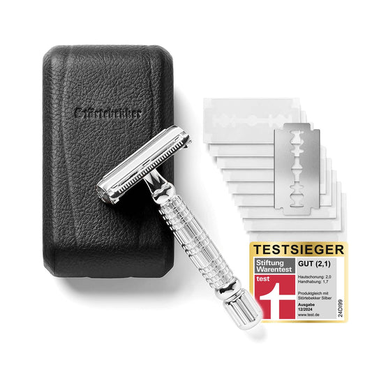 Störtebekker® Premium safety razor set for men in handcrafted leather case - shaving kit with shaving brush, stainless steel shaving bowl, shaving soap, alum block, and razor blades - men's grooming set