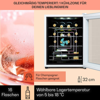 Klarstein Shiraz wine cooler freestanding, small beverage cooler for wine, prosecco & beer, 1-zone wine cooler with glass door & touch control panel, compact fridge, 5-18°C, 16 bottles