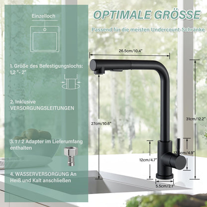 Kitchen faucet black with pull-out spray head High-pressure 360° swivel kitchen sink faucet stainless steel Two spray modes water tap.