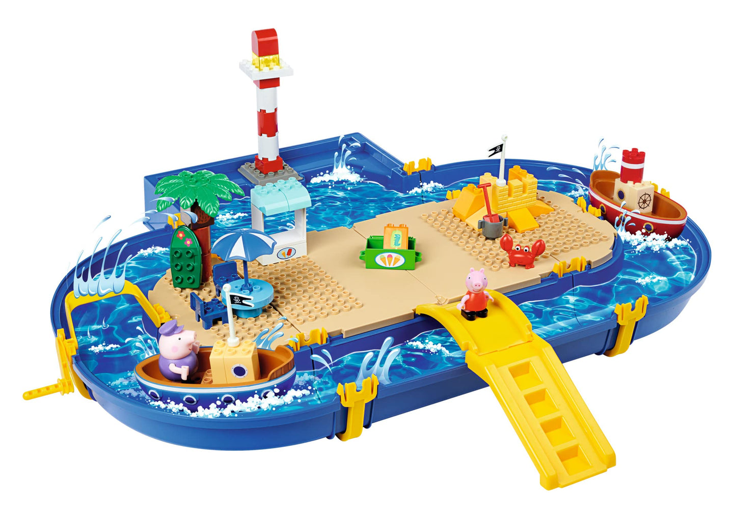 BIG-Waterplay - Peppa Pig Holiday - Outdoor water toy with large water slide, BIG-Bloxx building blocks, hand crank & Peppa Pig figures, for children ages 3-7.
