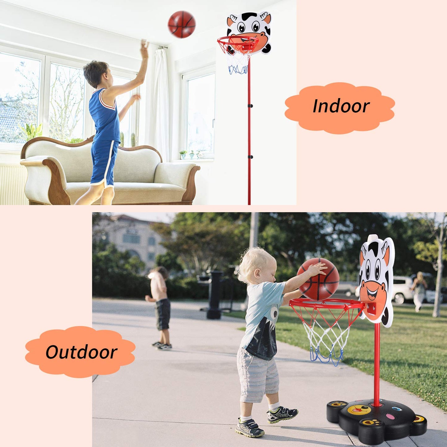PELLOR 170cm Adjustable Basketball Stand, Basketball Hoop with Board Stand Hoop Set with Net and Ball Outdoor Indoor Adjustable Sport Game Play Set for Children Kids Gift