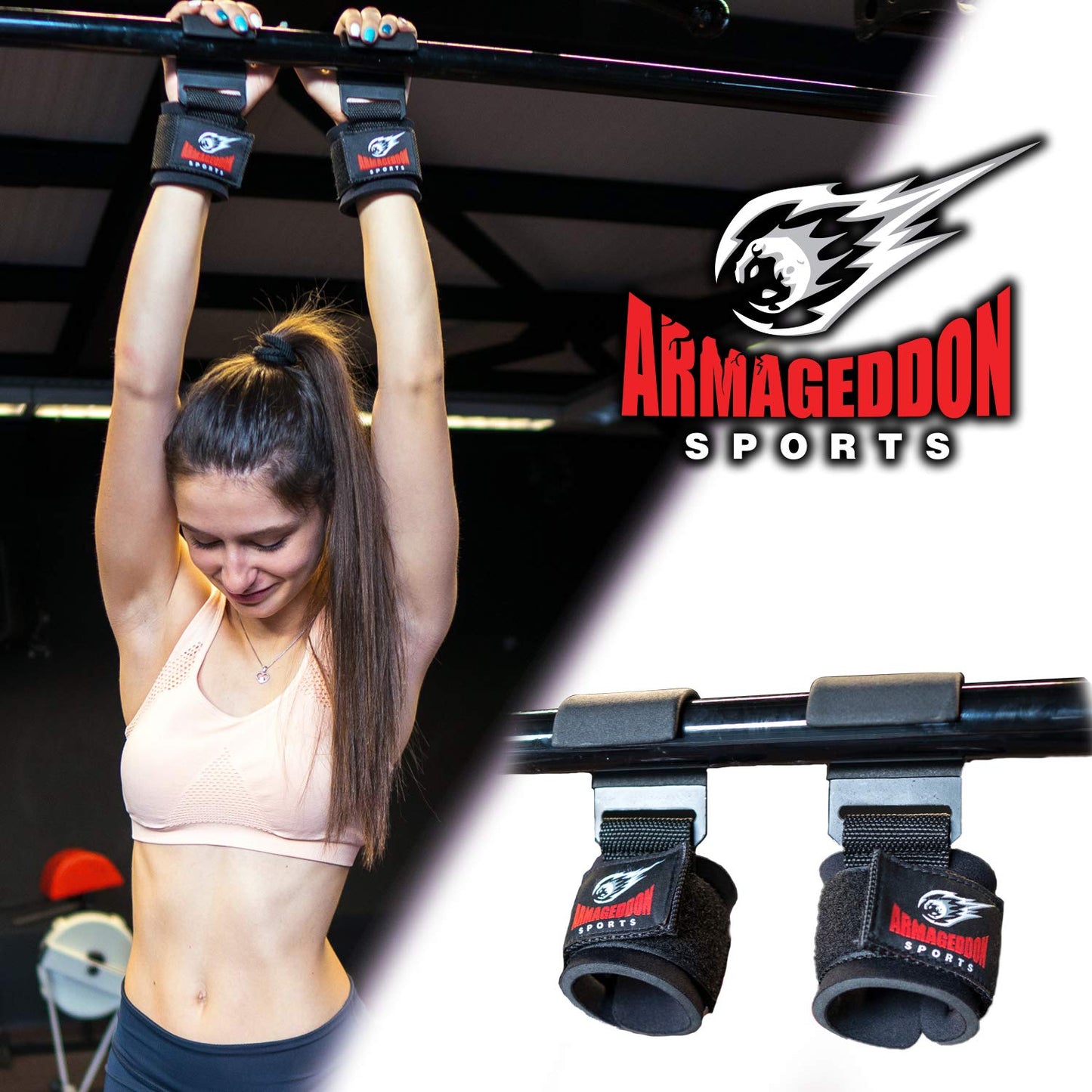 Lifting straps support strength training fitness hooks. Power metal hooks used for weightlifting. Wristbands made of neoprene and padded for deadlifts in the gym. Grip straps for added support.
