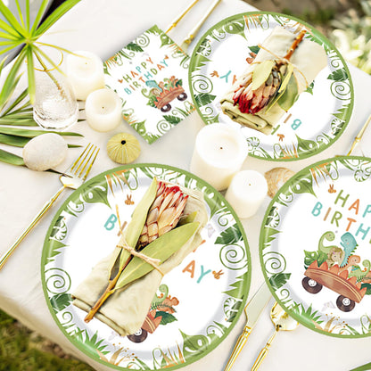Dinosaur party tableware set, dino birthday decorations, dinosaur birthday tableware set, paper plates cups napkins straws tablecloth for party kids birthday decor boys girls 16 guests