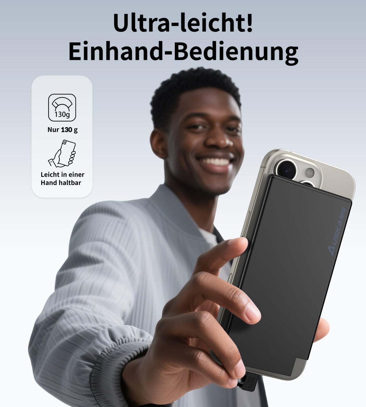 Auskang Powerbank USB C with Cable 0.68cm Ultra Slim Portable Charger Ultra-thin and lightweight External Battery, Compatible with iPhone, Samsung, Xiaomi, etc.- Black