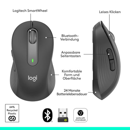 Logitech Signature M650 Wireless Mouse - for small to medium hands, 2-year battery life, silent clicks, customizable side buttons, Bluetooth, multi-device compatibility - Graphite