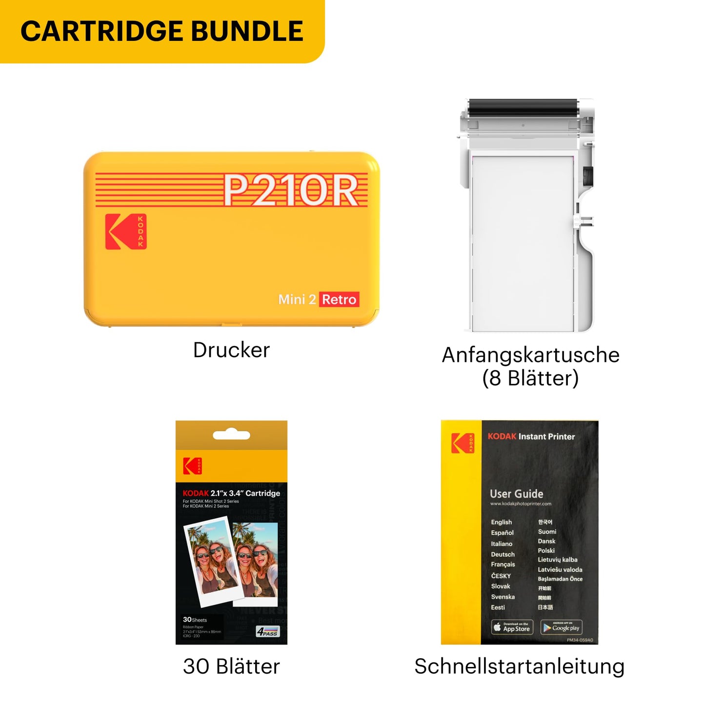 KODAK Mini 2 Retro mobile photo printer for smartphones, mini printer with Bluetooth, 54x86mm, 38 sheet bundle, Yellow