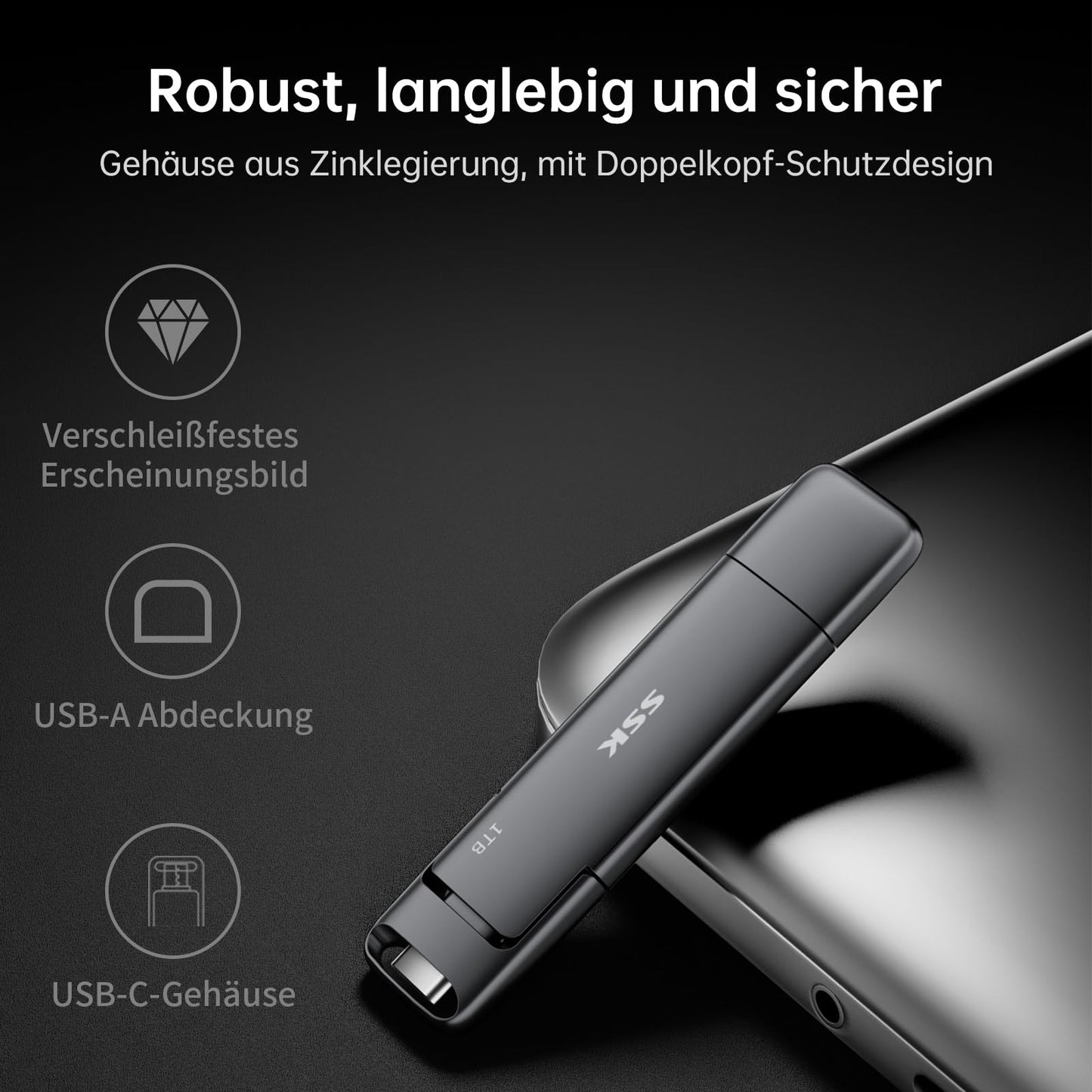 SSK External USB C SSD 1TB External Hard Drive, with speeds up to 1000 MB/s, Fast USB Stick, Dual USB C + USB A, USB Stick 3.2 Gen2 Memory Stick for iPhone, PS4, Android Phone, Tablet, Windows, Mac.