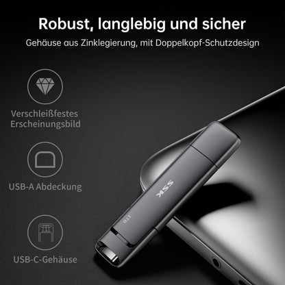 SSK External USB C SSD 1TB External Hard Drive, with speeds up to 1000 MB/s, Fast USB Stick, Dual USB C + USB A, USB Stick 3.2 Gen2 Memory Stick for iPhone, PS4, Android Phone, Tablet, Windows, Mac.
