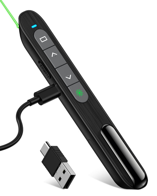 Rechargeable USB C Green Presenter, 2.4 GHz Wireless PowerPoint Remote, Green Pointer for Presentations, Presentation Remote for Windows/Mac/PowerPoint/Keynote/Google Slides/PDF.