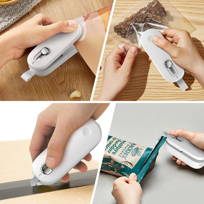 ODSD Mini Heat Sealer, 2 in 1 Bag Sealer with Cutter Sealing Machine Hand Sealing Device for Plastic Bags Pouch Chip Bags Food Storage Snack (White)