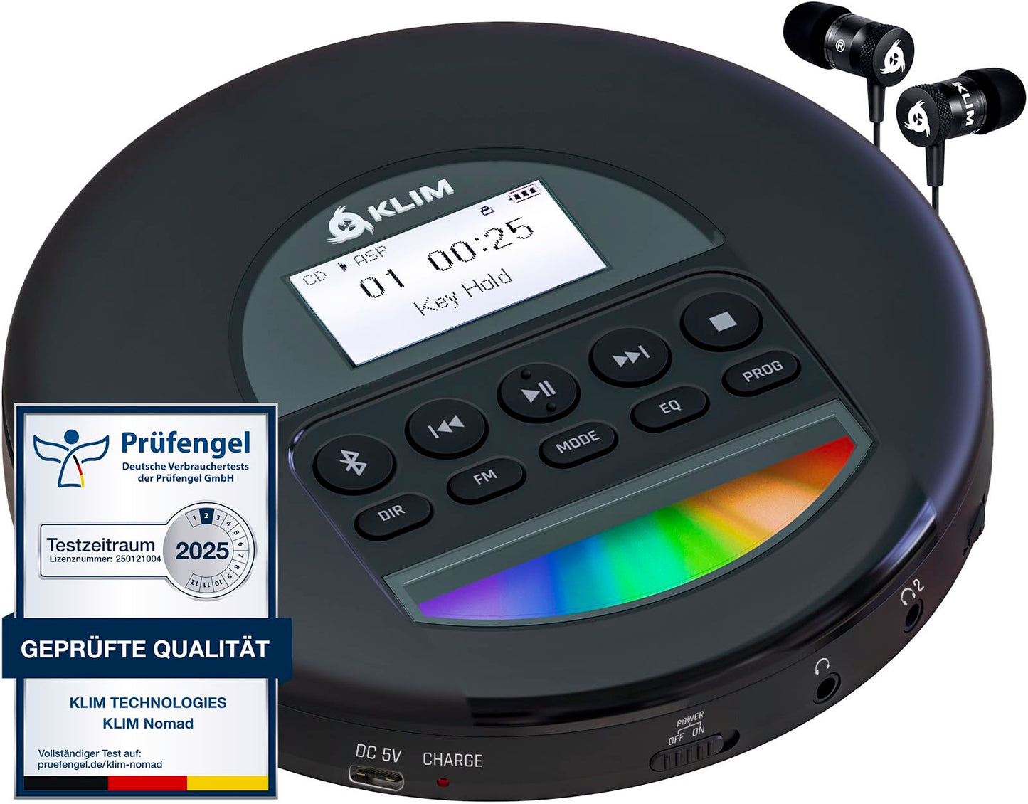 KLIM Nomad CD Player Bluetooth - Portable CD player Discman with long-lasting battery - Includes headphones - CD-R, CD-RW, MP3 - With TF reader, FM radio - Great for cars - Portable CD player Diskman