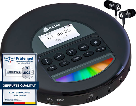 KLIM Nomad CD Player Bluetooth - Portable CD player Discman with long-lasting battery - Includes headphones - CD-R, CD-RW, MP3 - With TF reader, FM radio - Great for cars - Portable CD player Diskman