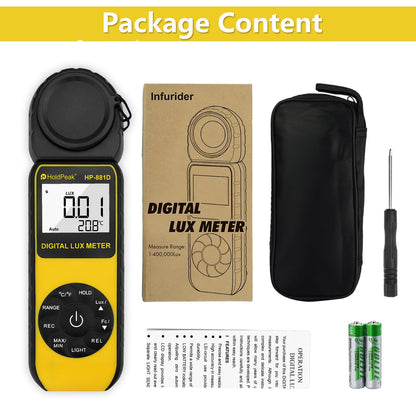Digital light meter HoldPeak 881D 0.01~400,000 Lux, Lux meter 270° rotatable probe with data storage, Lux light meter for plants/LED lights/digital photography.
