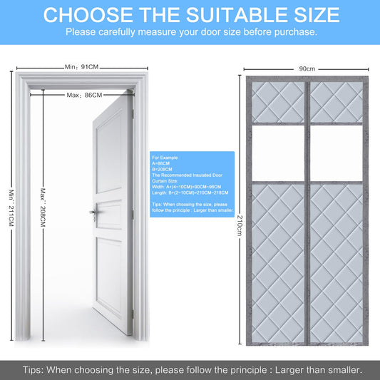 Magnetic thermal door curtain 90x210cm, no-drill thermo curtain for cold and heat protection. Waterproof, windproof, pet-friendly with a transparent window.