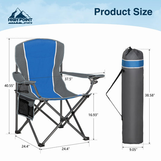 HIGH POINT SPORTS Folding Camping Chair, Fishing Chair, Foldable, Supports up to 160 kg, with Armrest, Drink Holder, Steel Frame, Portable Camp Chair, Blue.
