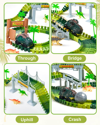 Gleamkid Dinosaur Toys Car Racing Track, Flexible Car Racing Track Railway Playset, Dino Cars Toy, Racing Track Set with many parts, Gift for Kids