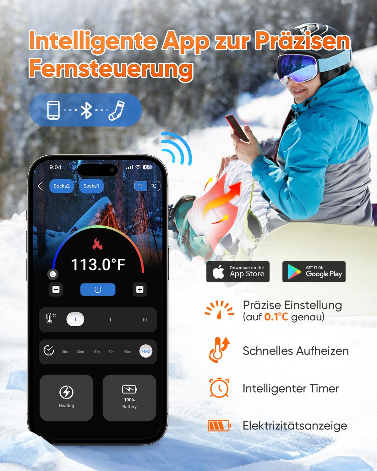 2025 Upgraded Heated Socks with APP Control, 5000mAh 5V Rechargeable Heating Socks, 3 Heat Settings & 360° Heating Heated Socks, Washable Heated Socks for Men Women for Skiing Hunting.