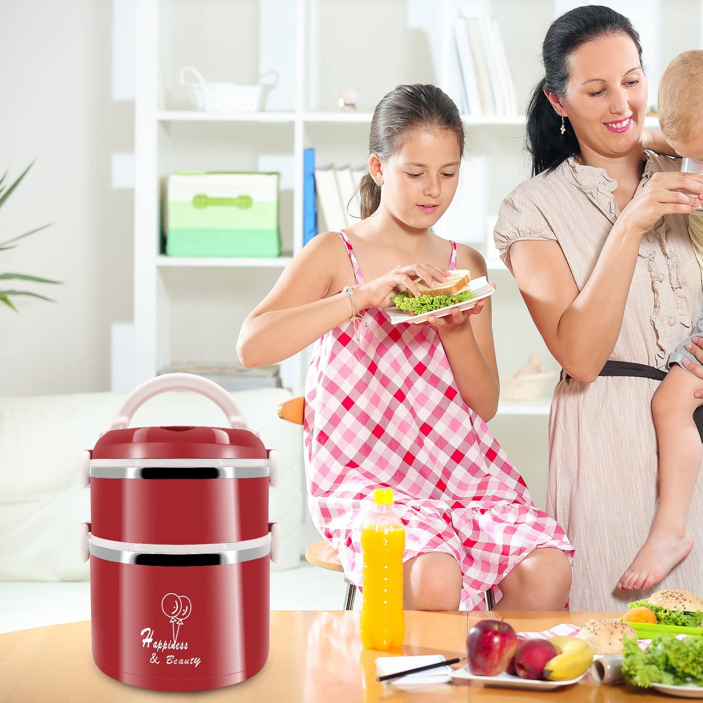 Beowanzk Thermal Lunch Box, Stainless Steel Bento Box with compartments for adults and kids, Leak-proof Insulated Lunch Box Bento Box BPA-free with carrying bag (Red)