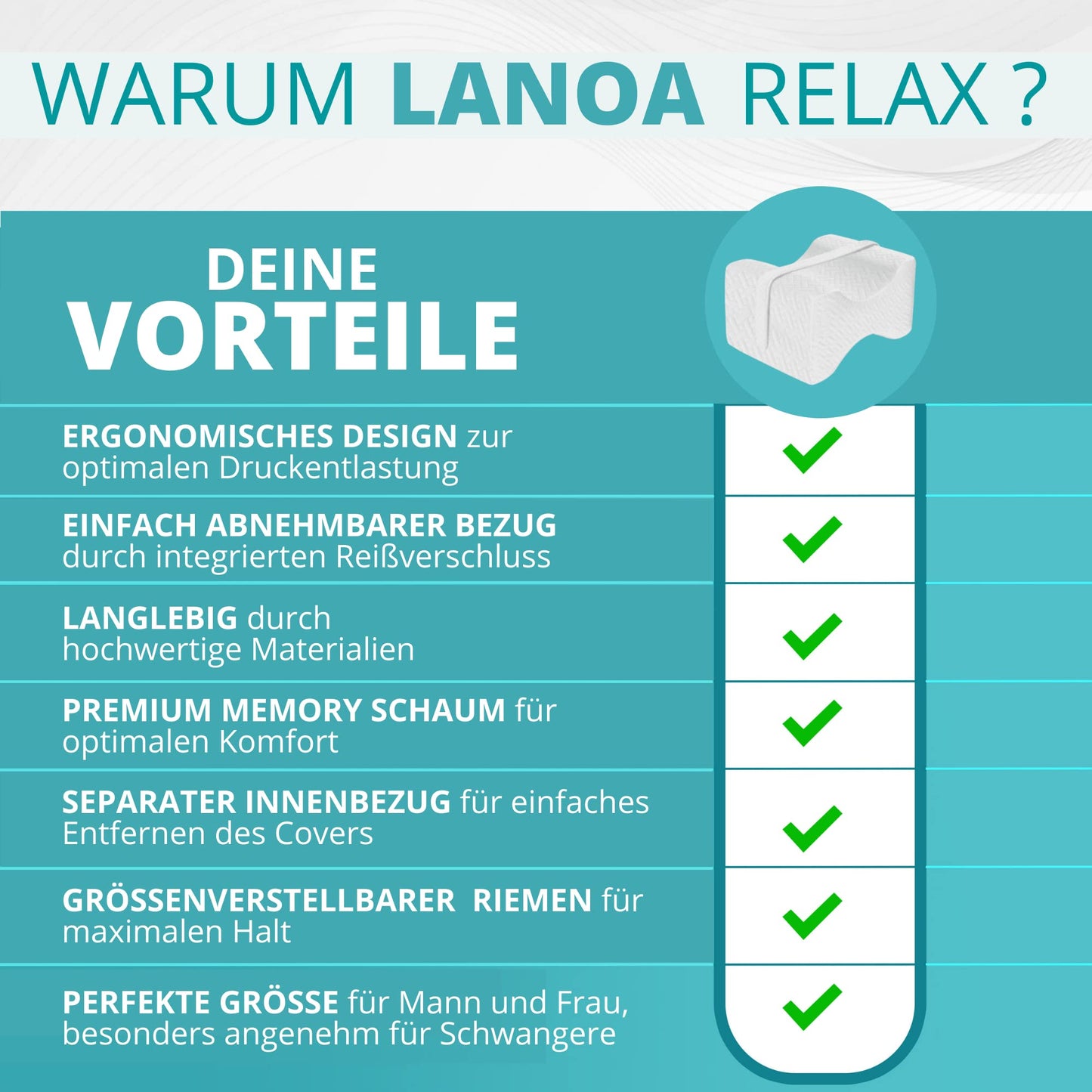 LANOA Relax knee pillow for side sleepers - ergonomic memory foam pillow for side sleepers - orthopedic leg pillow for side sleepers.