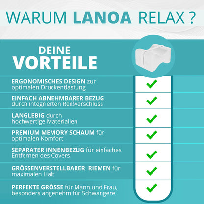 LANOA Relax knee pillow for side sleepers - ergonomic memory foam pillow for side sleepers - orthopedic leg pillow for side sleepers.