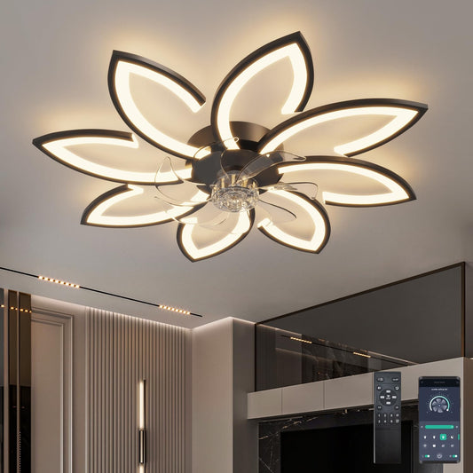 Ceiling fan with lighting and remote control app, lamp with fan Quiet, flower modern design, dimmable, memory function, DC motor, summer winter operation reversible, black