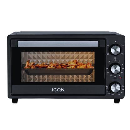 ICQN Mini Oven 20L, Pizza Oven, top/bottom heat with convection function, 5 grill functions, 90 Min. Timer, 1500 W, 80°-240°C, baking tray/grill/drip tray and tray holder, Black