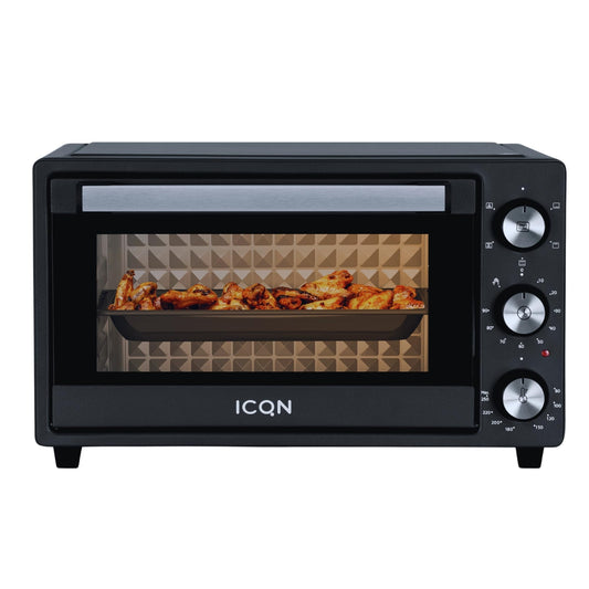 ICQN Mini Oven 20L, Pizza Oven, top/bottom heat with convection function, 5 grill functions, 90 Min. Timer, 1500 W, 80°-240°C, baking tray/grill/drip tray and tray holder, Black