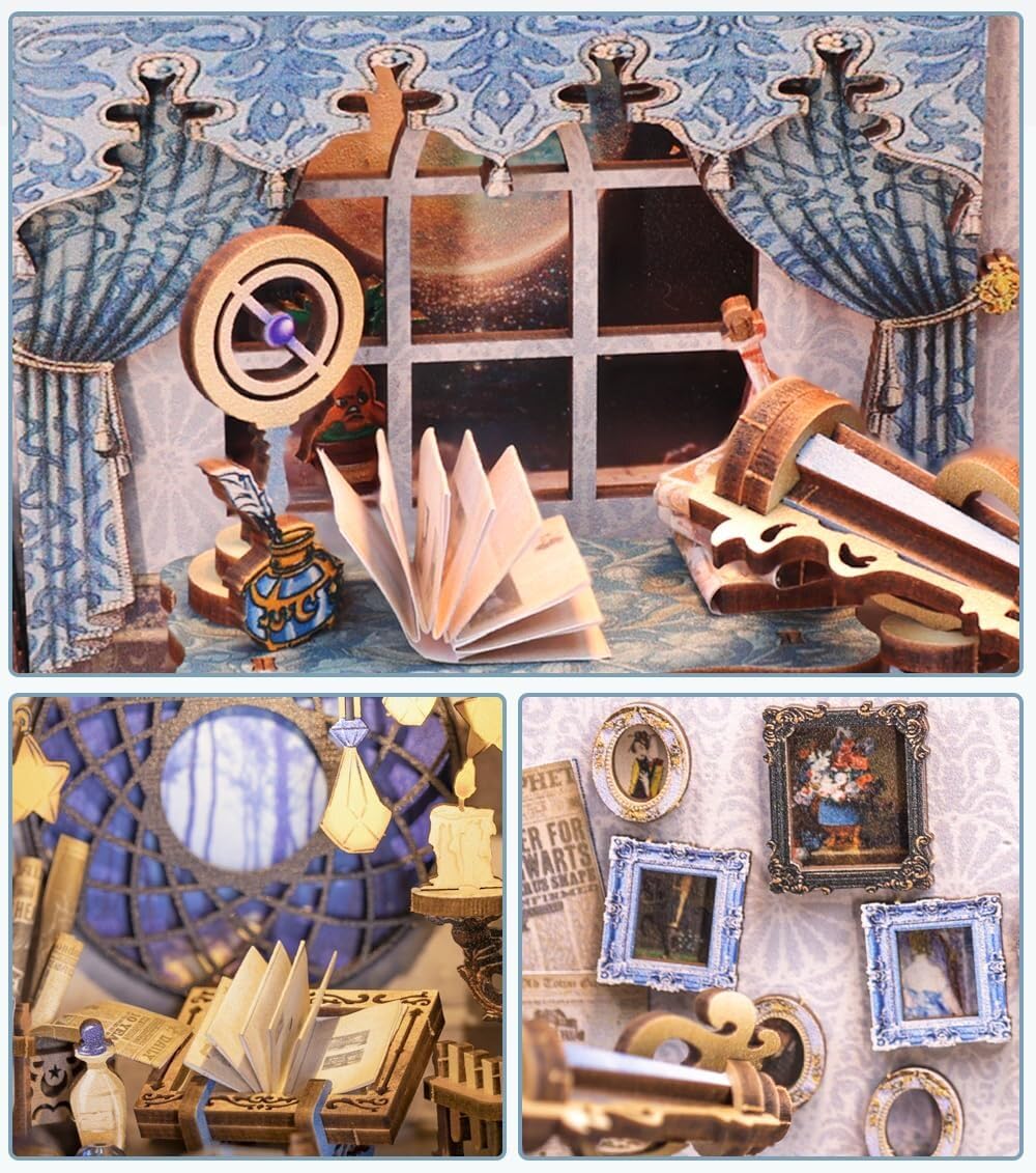 CUTEBEE Book Nook Kit - DIY Dollhouse Houses, Miniature House Building Kit for Adults with LED Lighting, 3D Puzzle & Bookshelf | Creative set for bookshelf decor | Gift (The Nebula Rest Room)