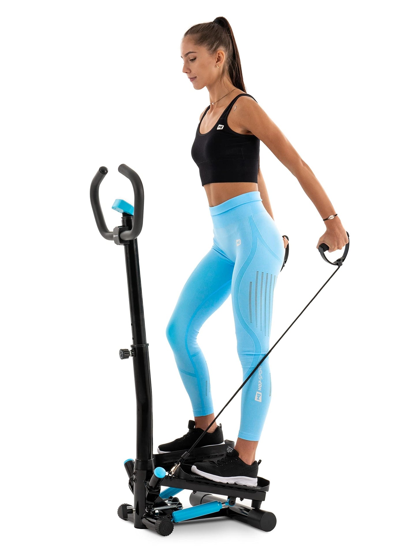 Hop-Sport stepper noble blue with handlebar, training computer & expanders for home, stable & compact, ideal for fitness & cardio workouts, max. user weight 100 kg.