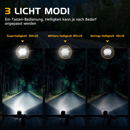 LED bike light set, StVZO approved front and rear bike lights with 1000mAh battery, 50 LUX bike light set USB rechargeable IPX5 waterproof bike lights LED set
