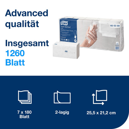 Tork Xpress Soft Multifold Paper Towels White H2, Advanced Quality, 2-ply, Zigzag Fold, absorbent, 7 x 180 sheets, 600398
