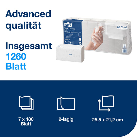 Tork Xpress Soft Multifold Paper Towels White H2, Advanced Quality, 2-ply, Zigzag Fold, absorbent, 7 x 180 sheets, 600398