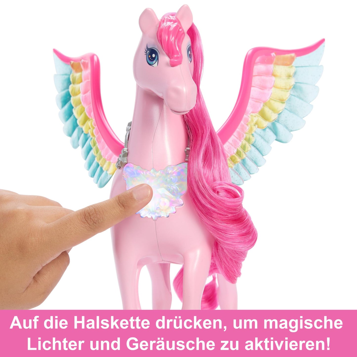 Barbie Hidden Magic Pegasus - Interactive toy with lights and sounds, 10 accessories, rainbow wings, for children 3+. Item number HLC41.