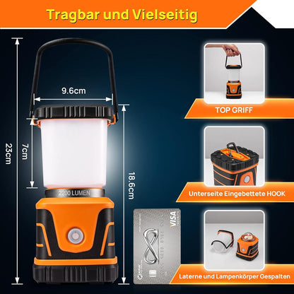 FLOWood super bright rechargeable camping lantern, 2200 lumens 6000mAh battery LED camping lantern, IP54 camping lights, 4 light modes dimmable, camping light tent lamp for hiking emergency equipment power outage