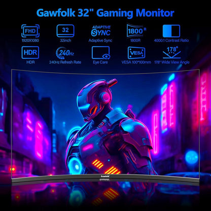 Gawfolk Gaming Monitor 32 Inch Curved, 240Hz PC Screen Full HD 1080P, Frameless 1800R Curved Computer Monitor supports VESA
