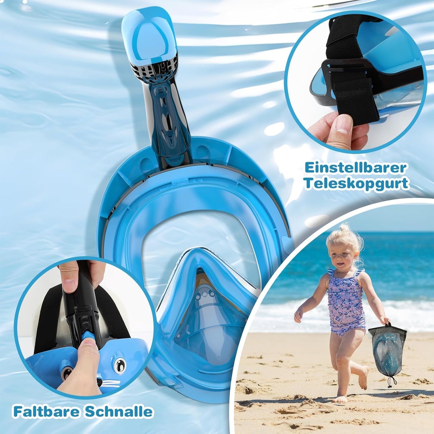Kids full face snorkel mask - CO2 safe diving mask for ages 6 and up with anti-fog, anti-leak, 180° panoramic view. Includes silicone & carrying bag. (Blue, XS)
