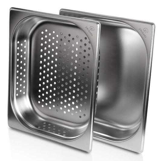 jokobela GN Container SET :: GN 1/2 65mm, 1x perforated, 1x non-perforated :: Compatible with Gaggenau/Miele/Siemens/AEG/Electrolux steam ovens (Heat-resistant, stainless steel, Dishwasher safe)