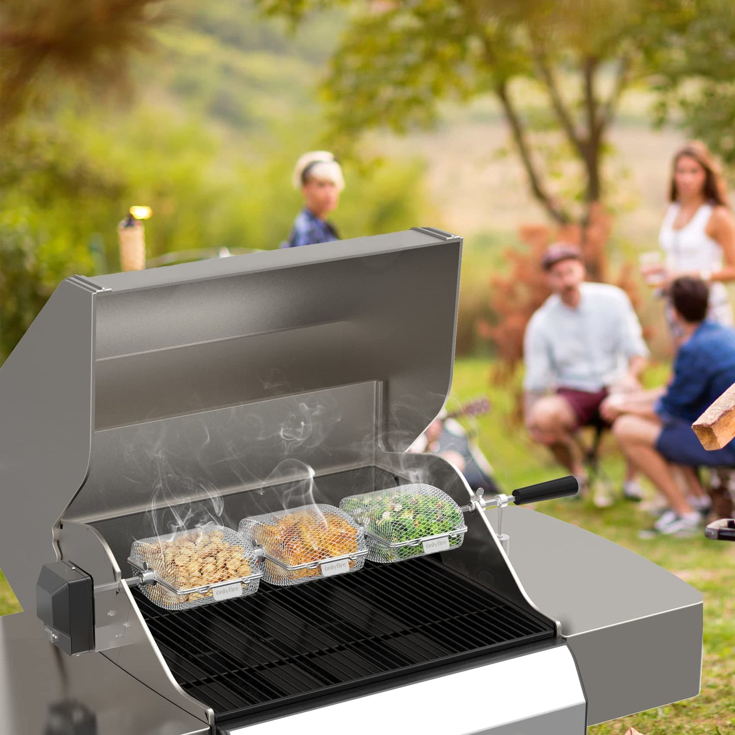 Onlyfire Universal Stainless Steel Grill Basket for Rotisserie, Rotisserie Grill Rack for Skewer, Skewer Basket for Potato Wedges and Vegetable Cubes, 19.2 x 17.5 x 10 cm, 3 pieces.