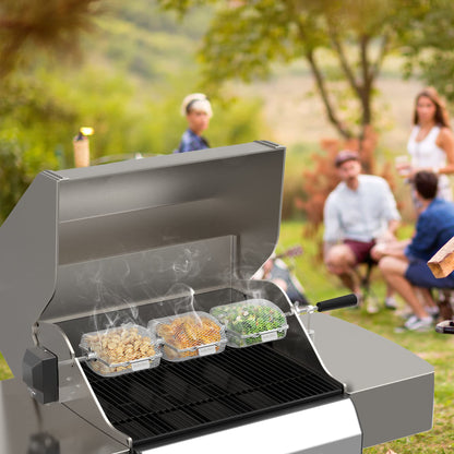 Onlyfire Universal Stainless Steel Grill Basket for Rotisserie, Rotisserie Grill Rack for Skewer, Skewer Basket for Potato Wedges and Vegetable Cubes, 19.2 x 17.5 x 10 cm, 3 pieces.