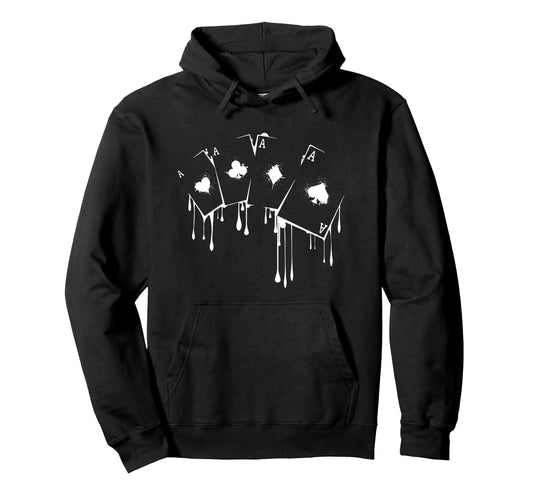 Ace playing cards for a poker player on a hoodie.