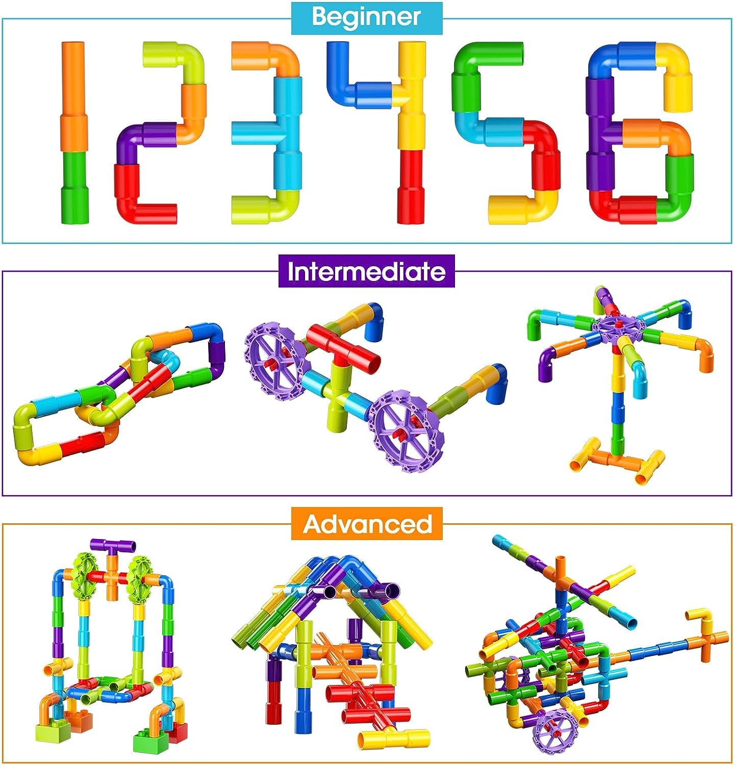 Burgkidz Pipe Tube Toys, 188 pieces of classic building blocks assembly toy with wheels and baseplate for kids. Perfect gift for boys and girls for creative learning education.