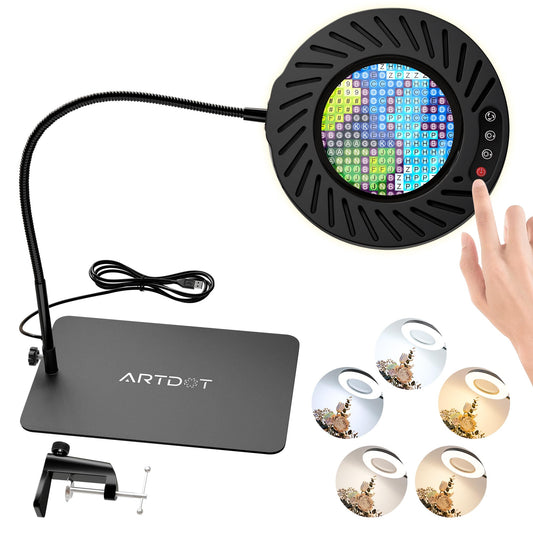 ARTDOT 10X magnifying glass with light and stand, magnifier lamp with 144 LEDs, 5 adjustable colors and 10 brightness levels, for Diamond Painting, reading, crafting, jewelry making, model building.