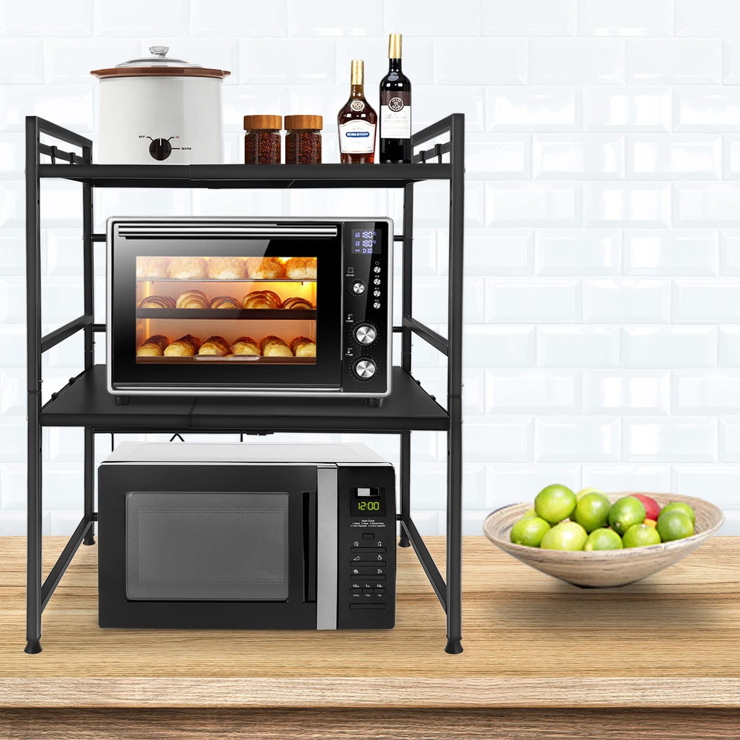 Expandable microwave shelf with 8 hooks, 3-tier microwave stand rack microwave holder baker shelf organizer for kitchen countertops, Black