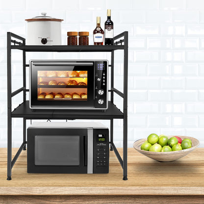 Expandable microwave shelf with 8 hooks, 3-tier microwave stand rack microwave holder baker shelf organizer for kitchen countertops, Black