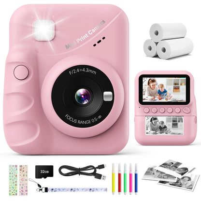 CalineGam instant camera for kids, 3.0 inch screen 48MP children's camera instant camera with 32GB card, 1080P HD camera kids instant print, gift for 3-12 boys and girls (pink)