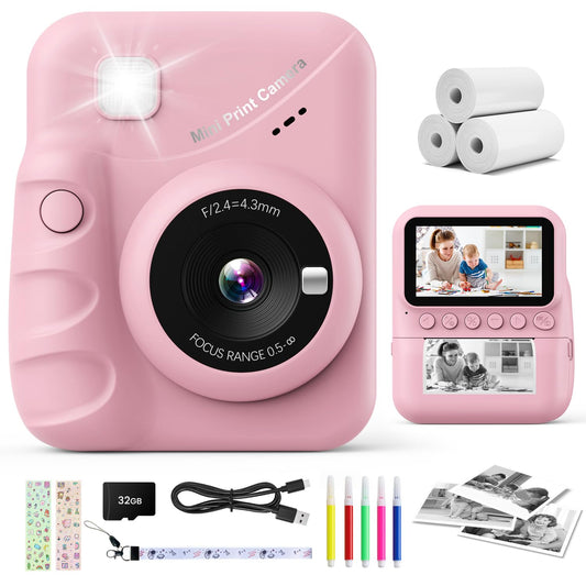 CalineGam instant camera for kids, 3.0 inch screen 48MP children's camera instant camera with 32GB card, 1080P HD camera kids instant print, gift for 3-12 boys and girls (pink)