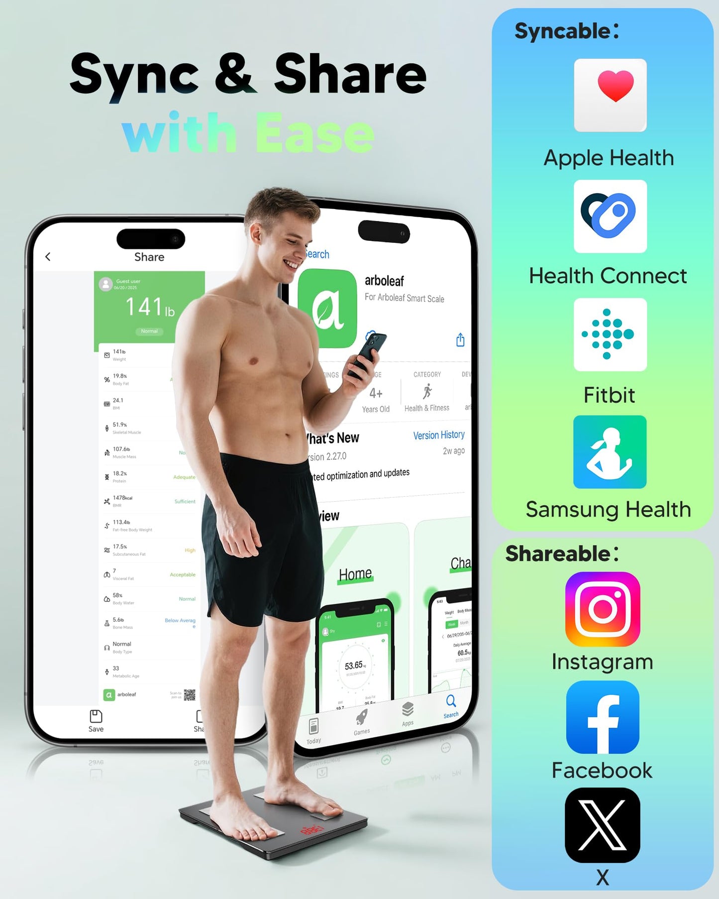 arboleaf Body Fat Scale Digital Bathroom Weight Scale with APP up to 180KG, Bluetooth Scale for Body Fat, BMI, Weight, Heart Rate, Muscle Mass, Water, Protein, Skeletal Muscle, BMR, etc.